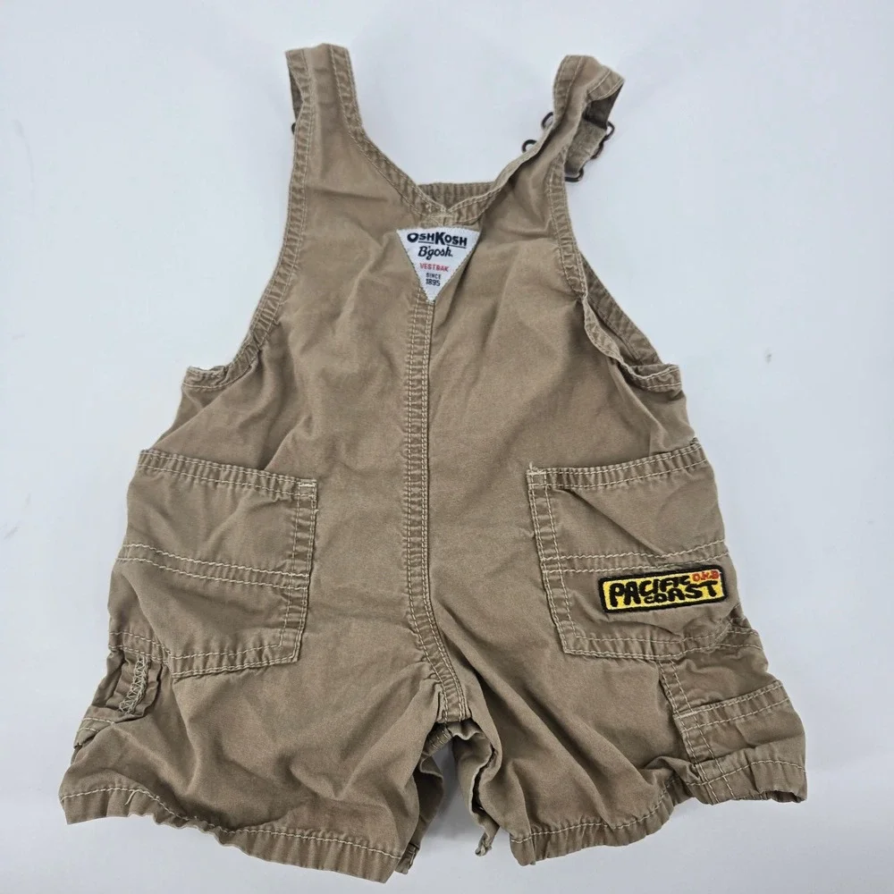 OshKosh B'gosh Baby Boy 6M Khaki Canvas Shortalls Blue Crab Patch GUC